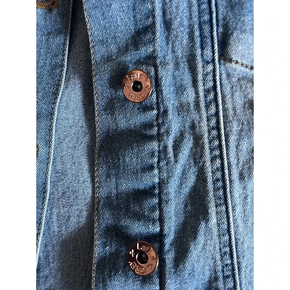 Lark + Grey Women’s Blue Denim Jacket Button Front Collared Stretch Short L